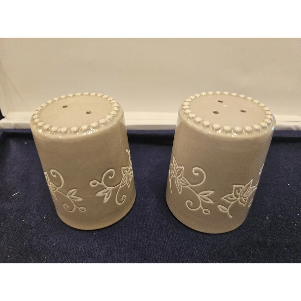 Temp-tations Butter Dish, Sugar, Creamer, Salt, Pepper Shaker Spoon Rest Taupe